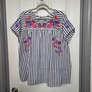 Striped Embroidered Cotton Flowy Women's Western Top Boho Vacation Size Medium